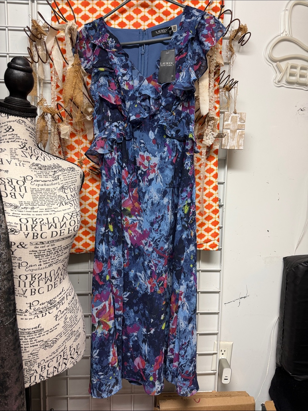 Lauren Ralph Lauren Navy Blue Floral Ruffle Maxi Dress